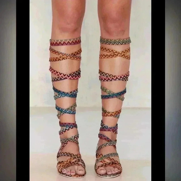 JEFFREY CAMPBELL Enyo Knee High Gladiator Multicolor Chevron Print Heel … - Picture 2 of 8